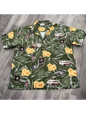 AE Sport US Army Hawaiian Shirt Mens XL USA Floral Military Tanks Button Up